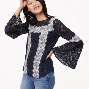 Ann Taylor Loft Navy Blue White Lace Bell Sleeve Sheer Blouse Med Boho‎ Festival